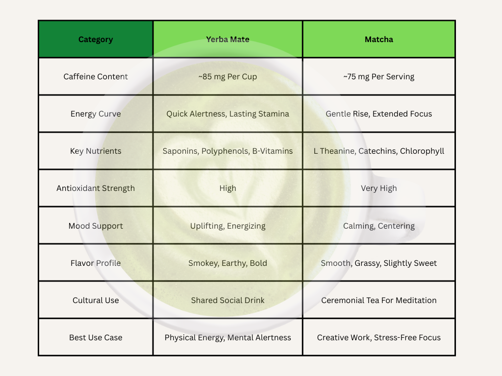 yerba mate vs matcha comparison chart