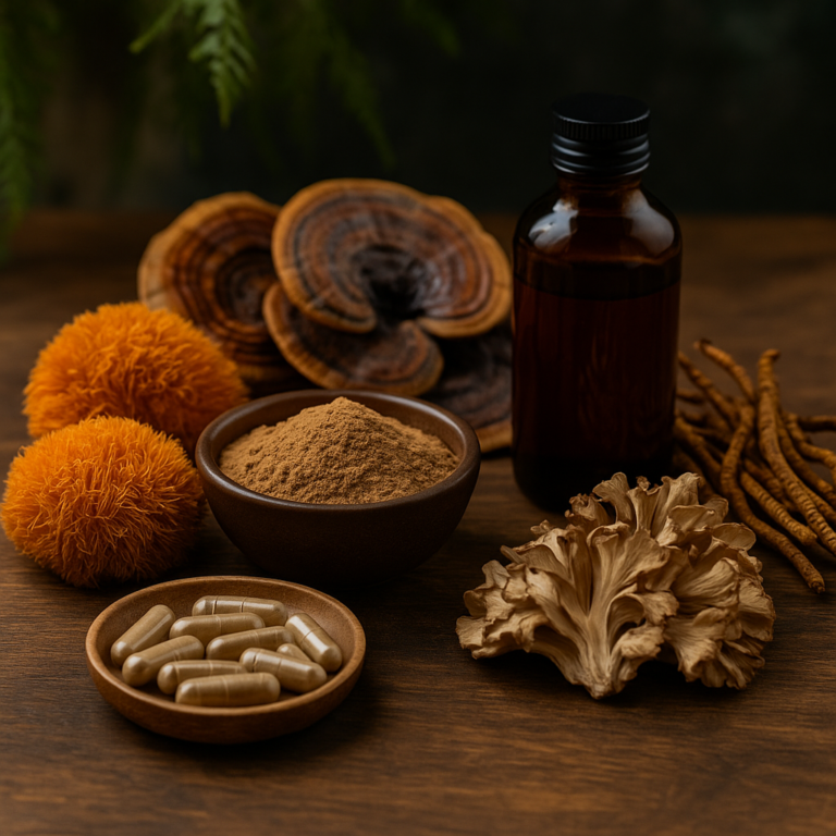 Functional mushrooms, turkey tail, lion's mane, reishi, codyceps